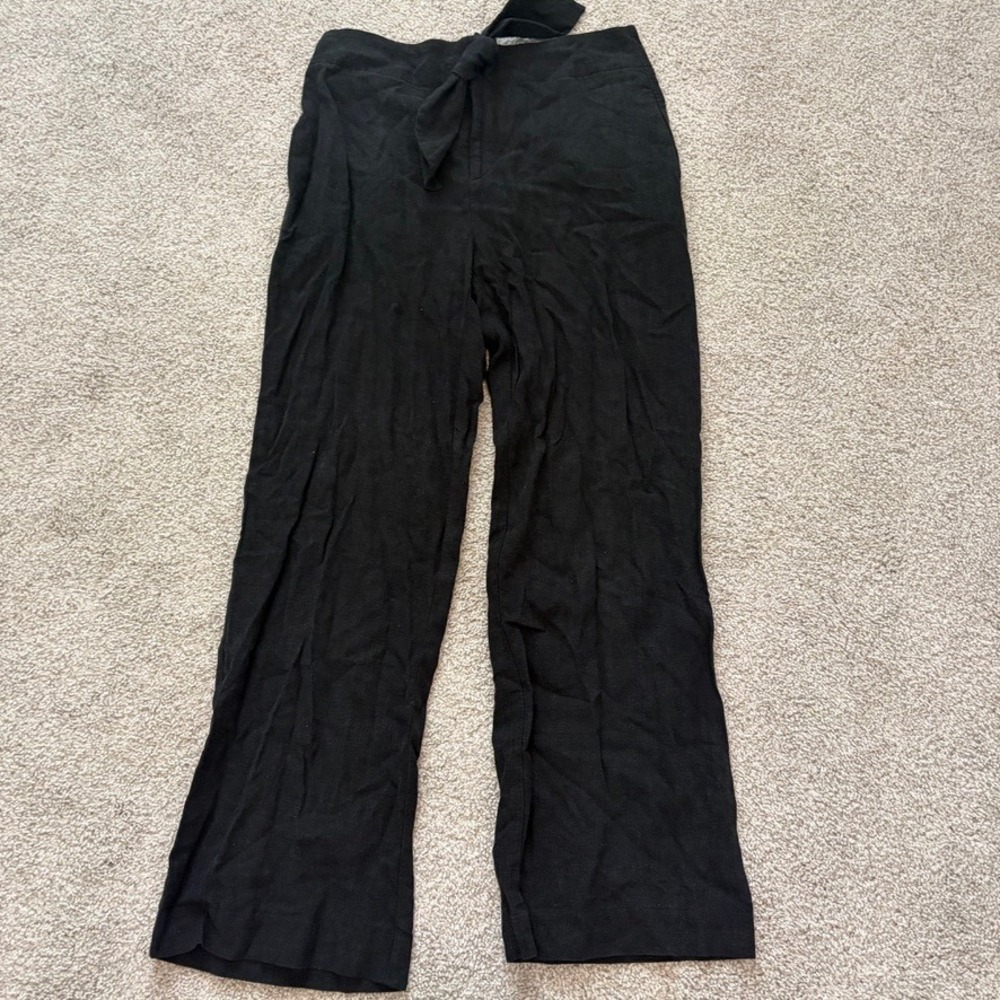 Anthropologie Linen Blend Pants Womens 2 Black Tie Waist Wide Leg Office Capsule - Picture 1 of 7
